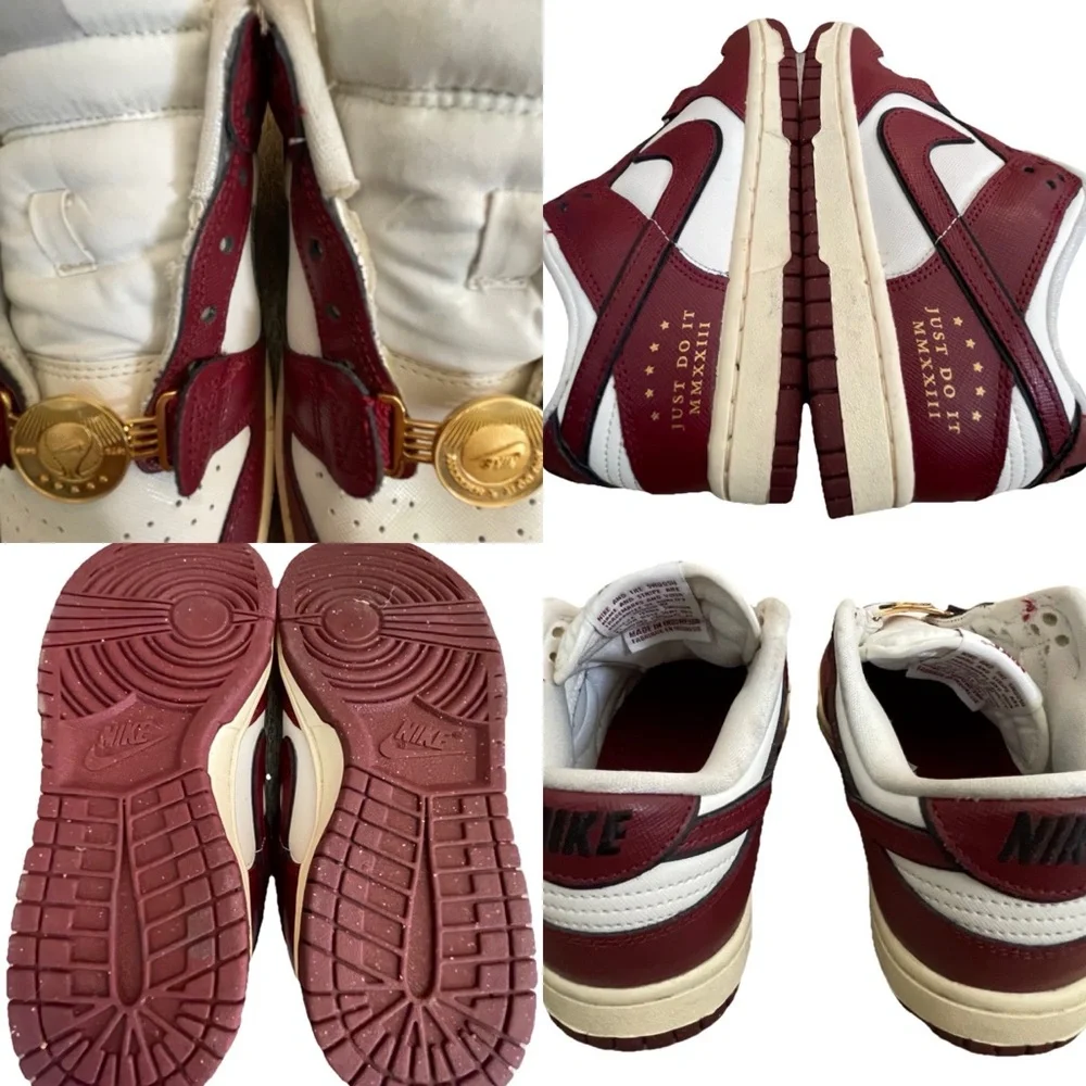 Nike Women’s White and Burgundy Sneakers with Gold Accents
